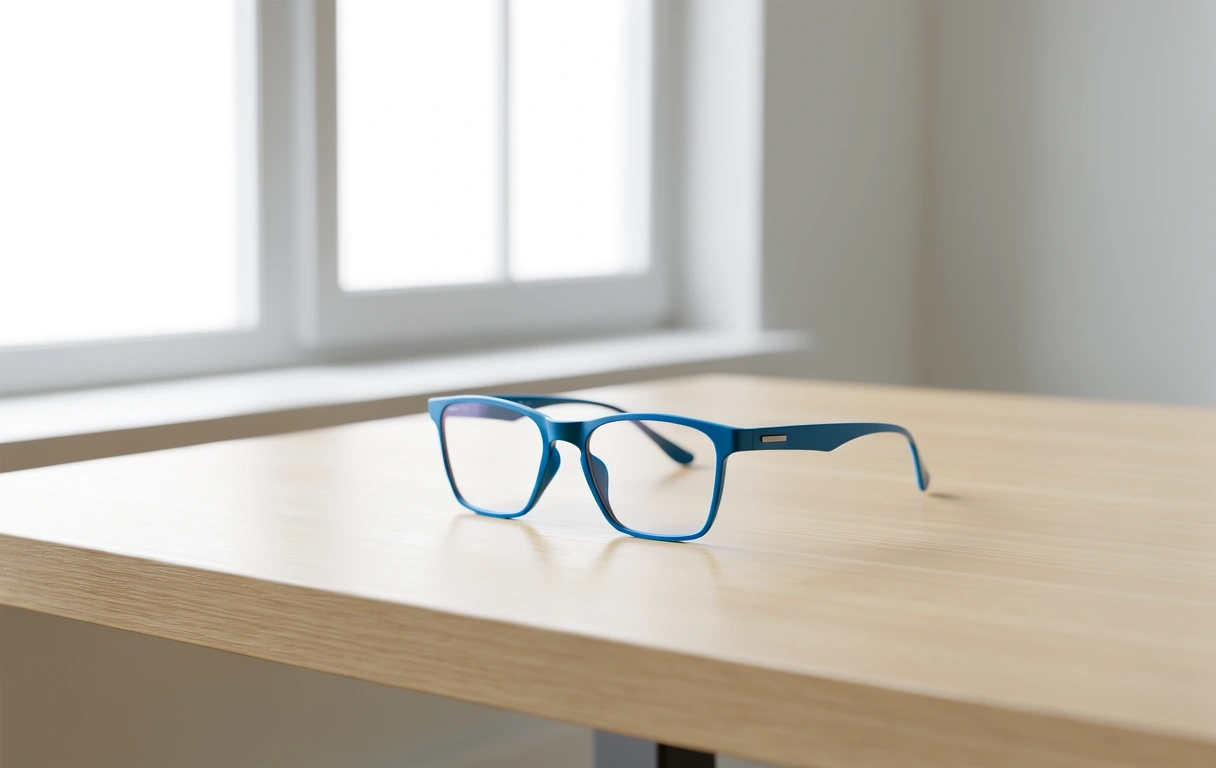 Blue light glasses on a wooden desk